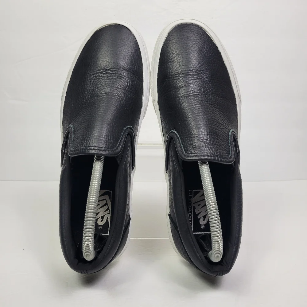 Vans Black Leather Slip-On Sneakers with White Sole